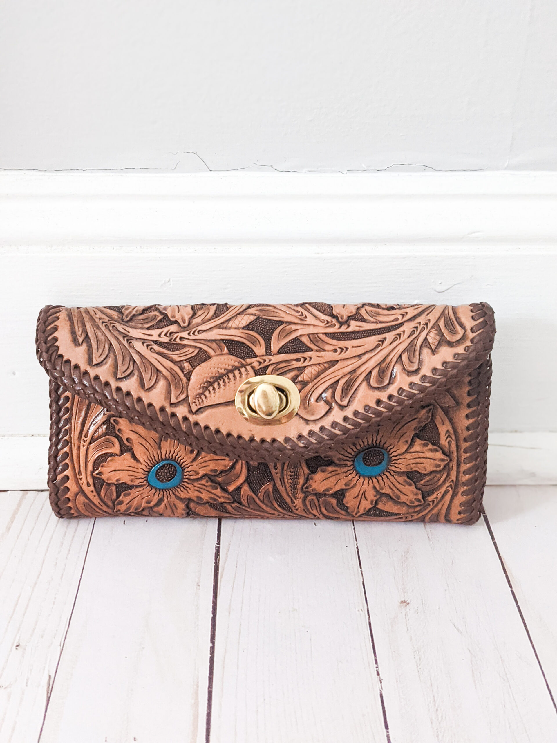 Wine Color Hand Tooled Mexican Leather Clutch